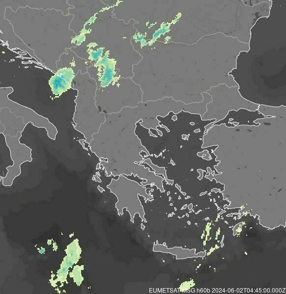 Meteosat - precipitação - Grécia, Bulgária, Roménia, Sérvia, Bósnia e Herzegovina, Montenegro, Macedónia, Albânia, Kosovo, Turquia
