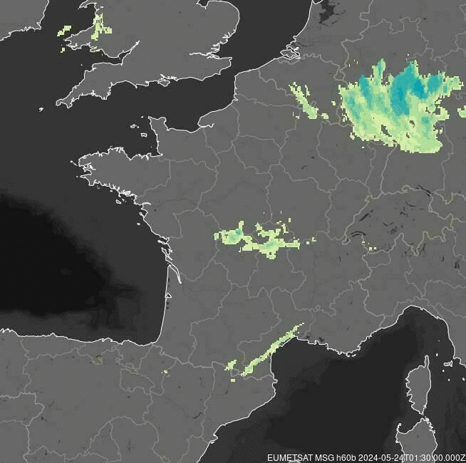 Meteosat - precipitació - França, Bèlgica, Suïssa