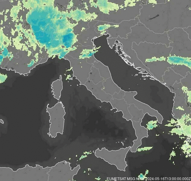 Meteosat - precipitații - Italia, Elveția, Slovenia, Croația, Bosnia și Herțegovina, Muntenegru, Albania